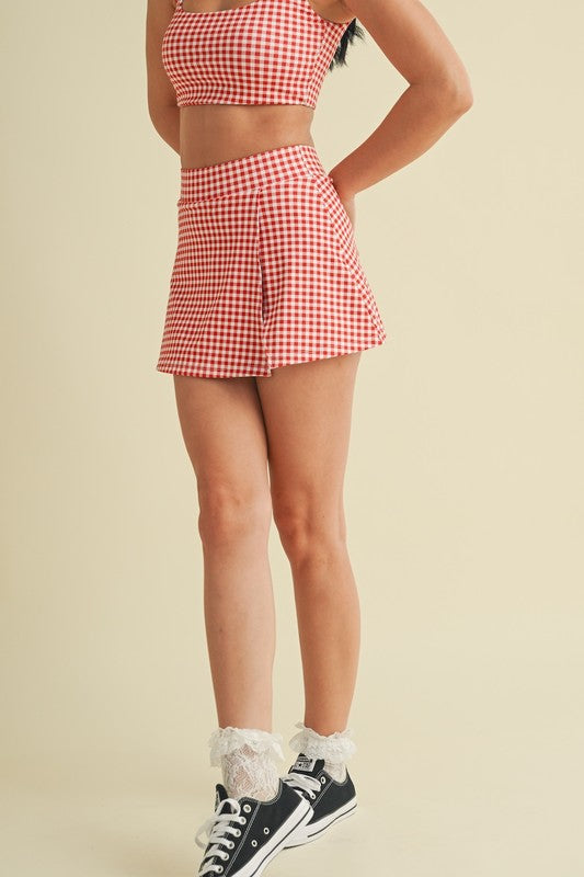 Red Gingham Print Side Slit A-line Skort
