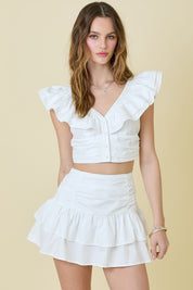 White Ruffle Detail Crop Top & Skirt Matching Set