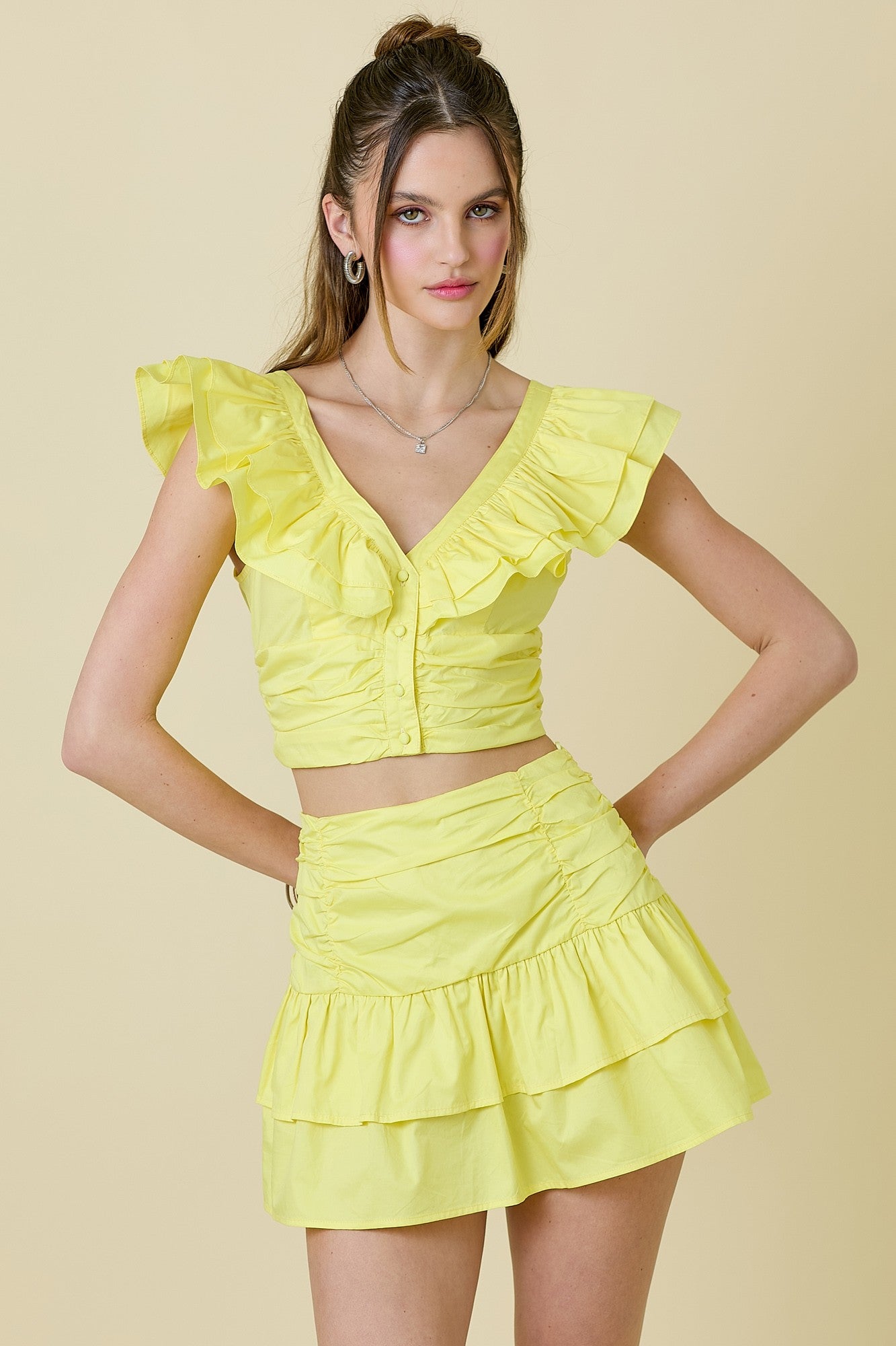 Yellow Ruffle Detail Crop Top & Skirt Matching Set
