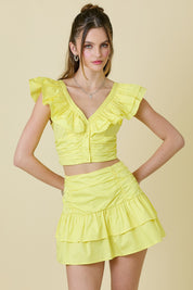 Yellow Ruffle Detail Crop Top & Skirt Matching Set