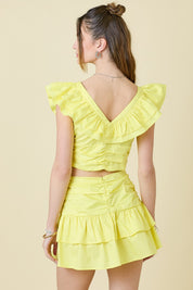 Yellow Ruffle Detail Crop Top & Skirt Matching Set