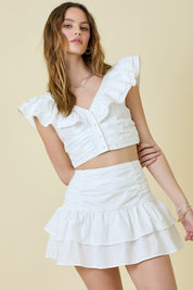 White Ruffle Detail Crop Top & Skirt Matching Set
