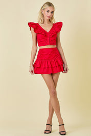 Red Ruffle Detail Crop Top & Skirt Matching Set