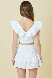 White Ruffle Detail Crop Top & Skirt Matching Set