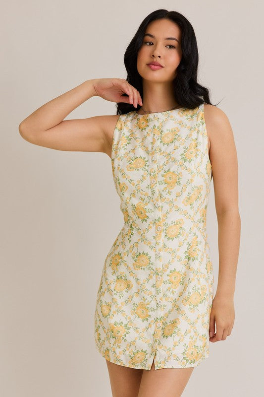 Yellow Floral High Neck Button Down Mini Dress