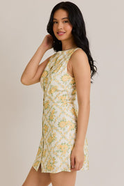 Yellow Floral High Neck Button Down Mini Dress