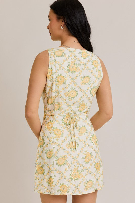 Yellow Floral High Neck Button Down Mini Dress
