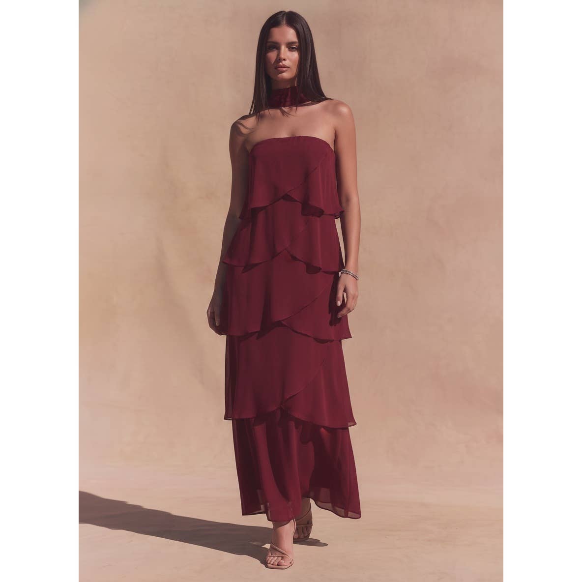 Maroon Strapless Tiered Midi Dress showing color: deep wine