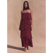 Maroon Strapless Tiered Midi Dress showing color: deep wine