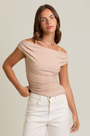 Taupe Off Shoulder Rib Knit Top