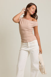 Taupe Off Shoulder Rib Knit Top