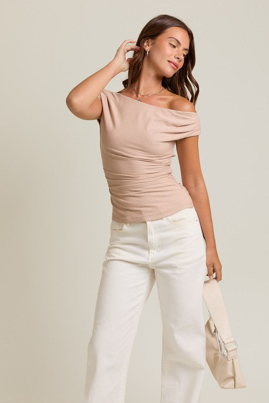 Taupe Off Shoulder Rib Knit Top