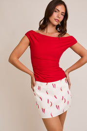 Red Off Shoulder Rib Knit Top