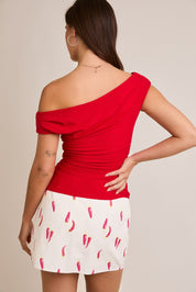 Red Off Shoulder Rib Knit Top