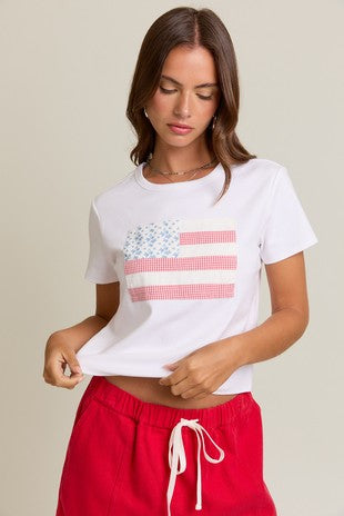 White USA Flag Detail Short Sleeve T-Shirt