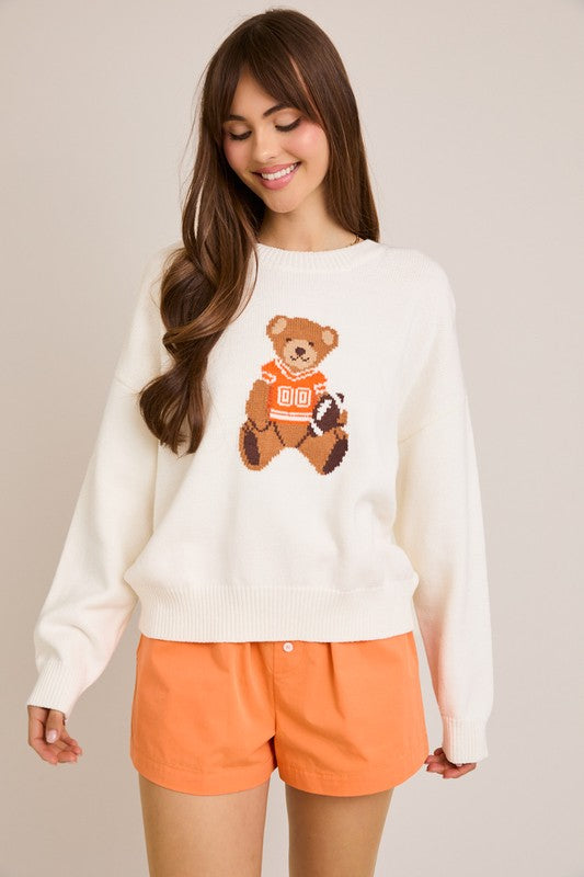 White & Orange Teddy Bear Graphic Sweater