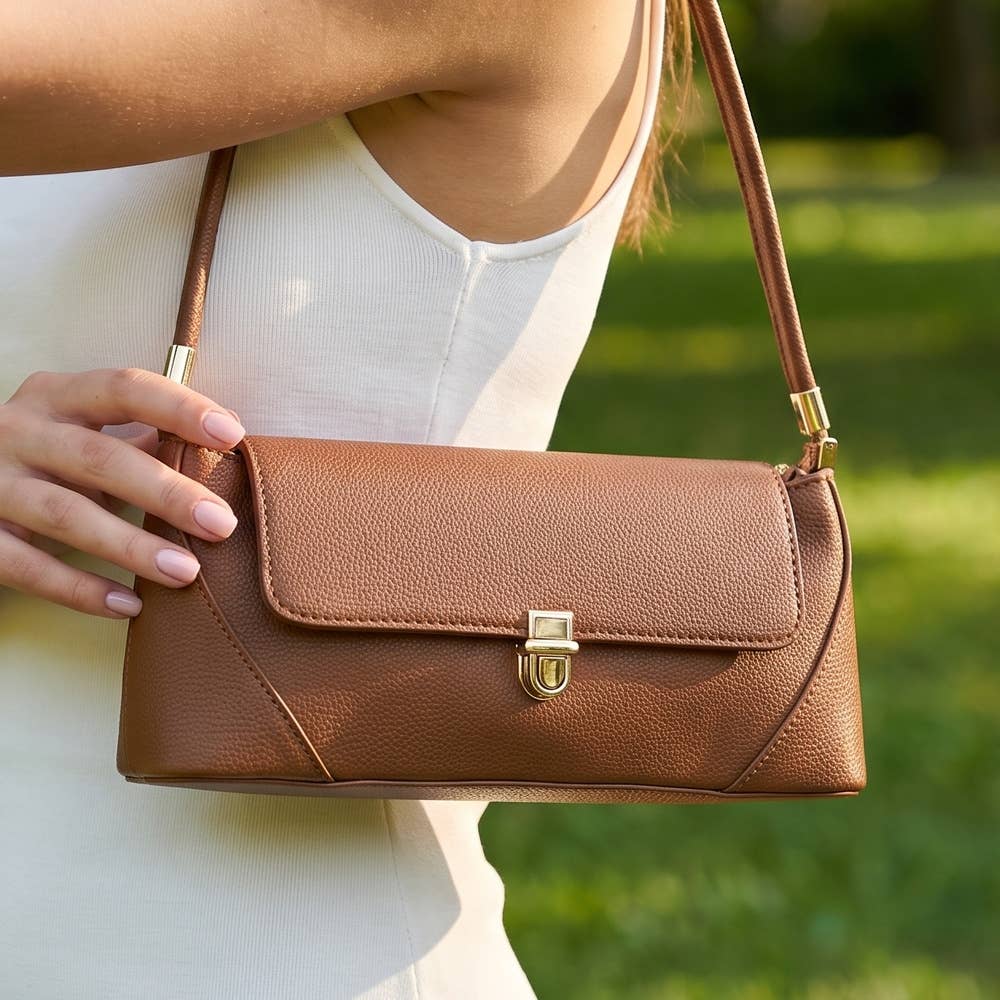 Vegan Leather Push Lock Flap Shoulder Baguette Bag