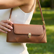 Vegan Leather Push Lock Flap Shoulder Baguette Bag
