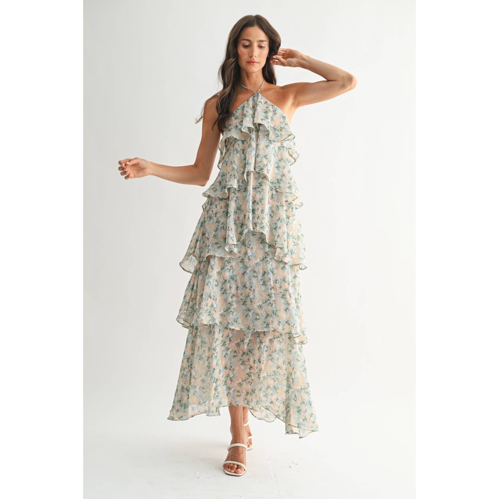 Green Floral Ruffle Tiered Maxi Dress