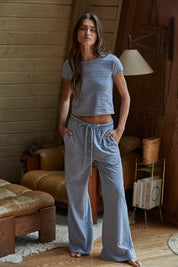 Grey Blue Striped Flare Pants