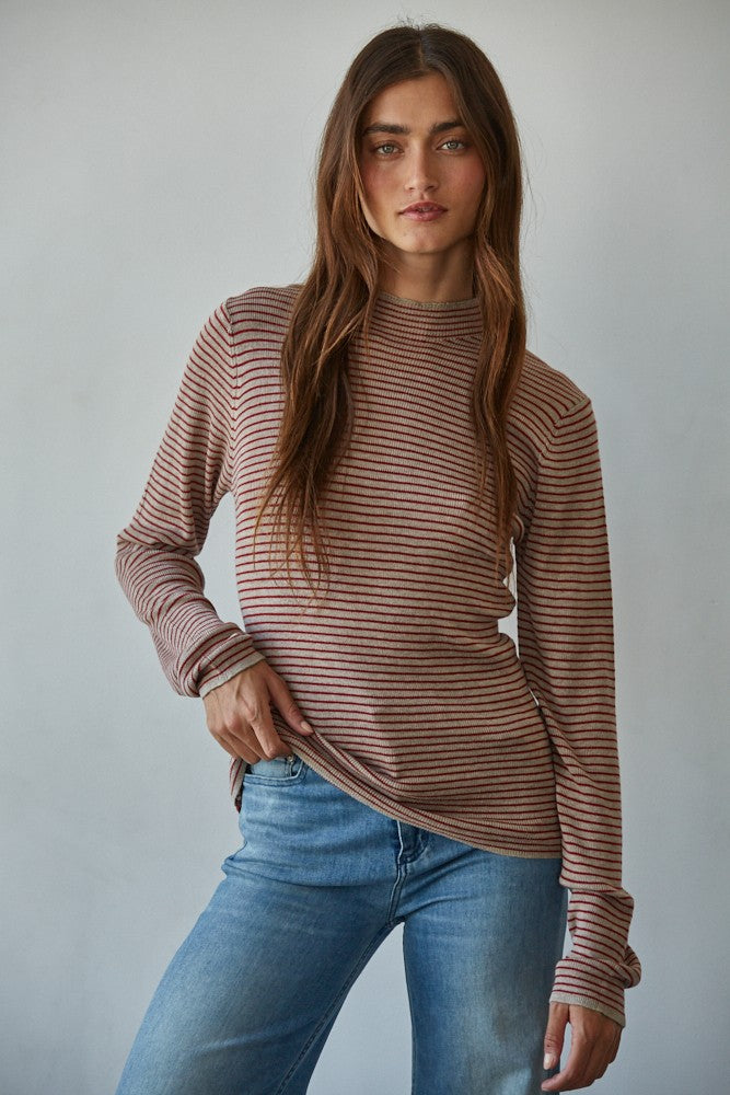 Taupe & Red Mock Long Sleeve