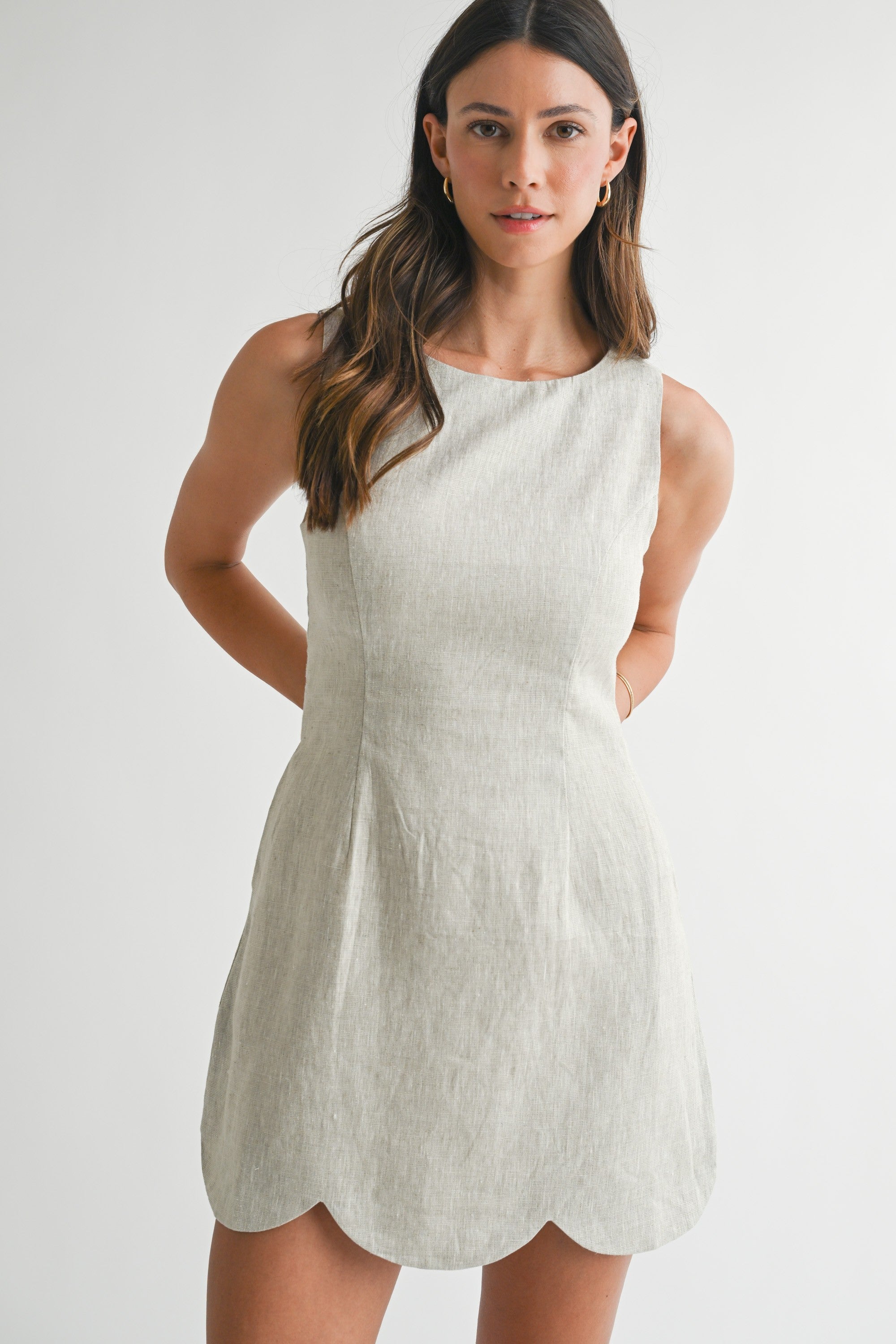 Beige Linen Scallop Hem Mini Dress