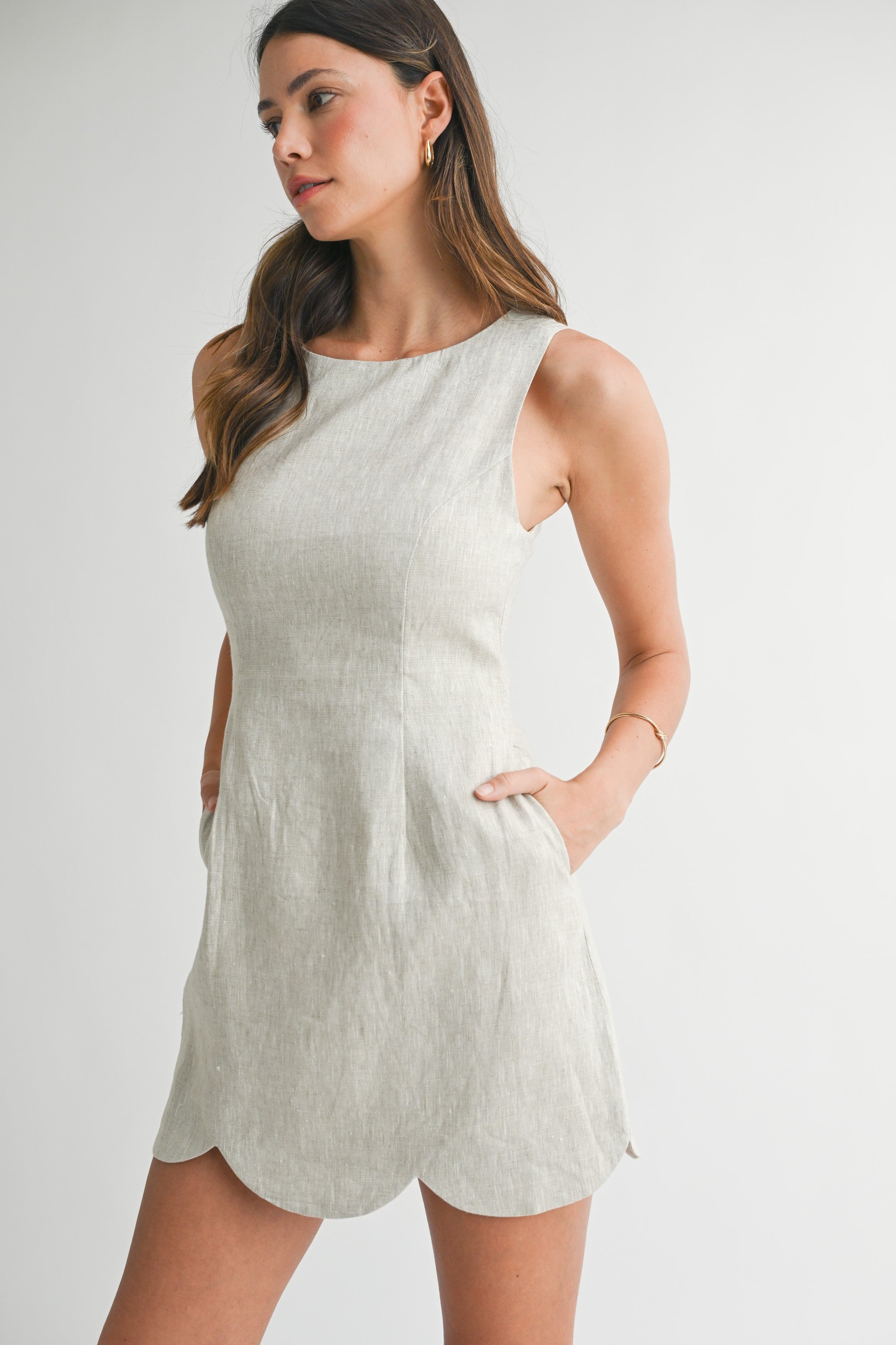 Beige Linen Scallop Hem Mini Dress