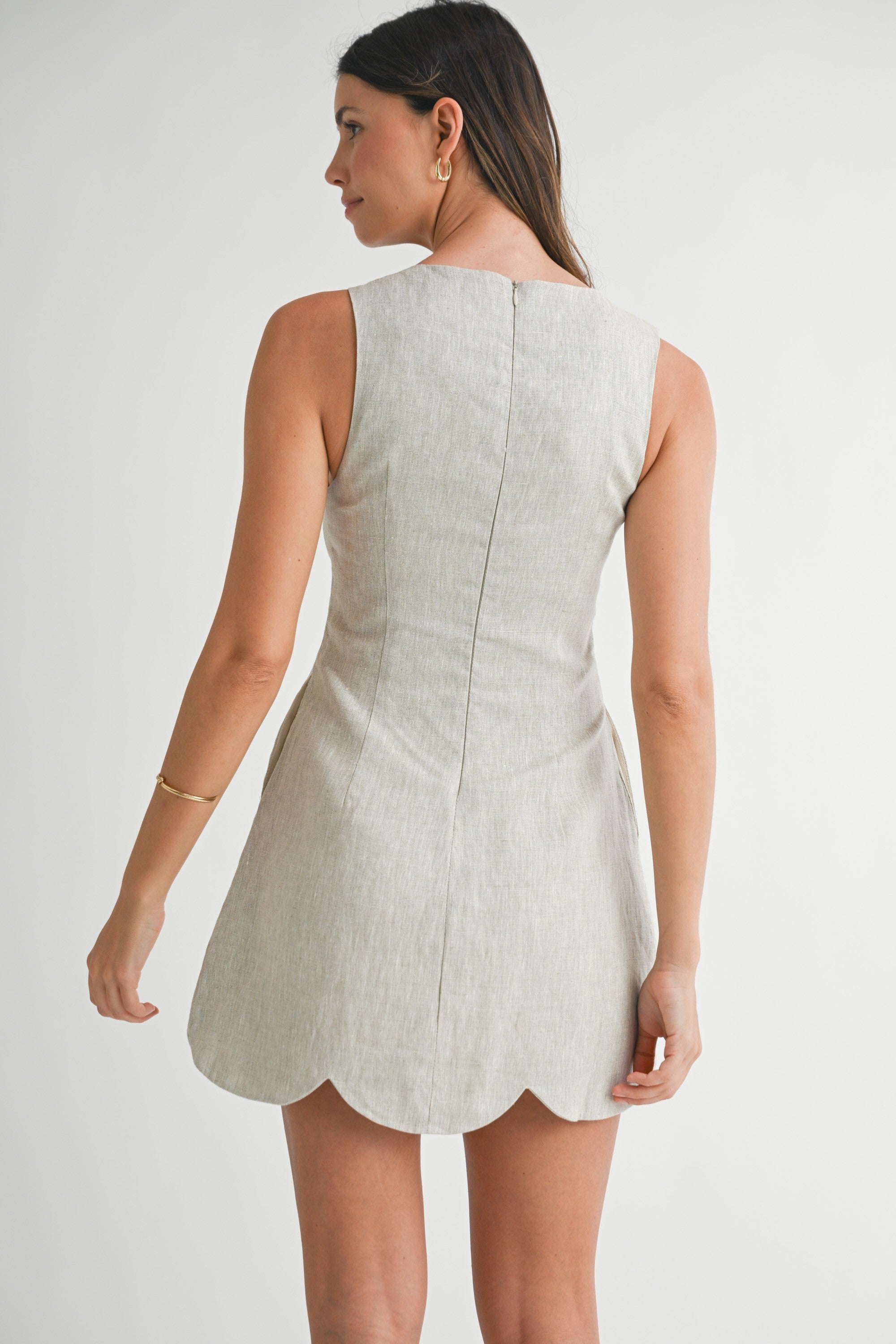 Beige Linen Scallop Hem Mini Dress