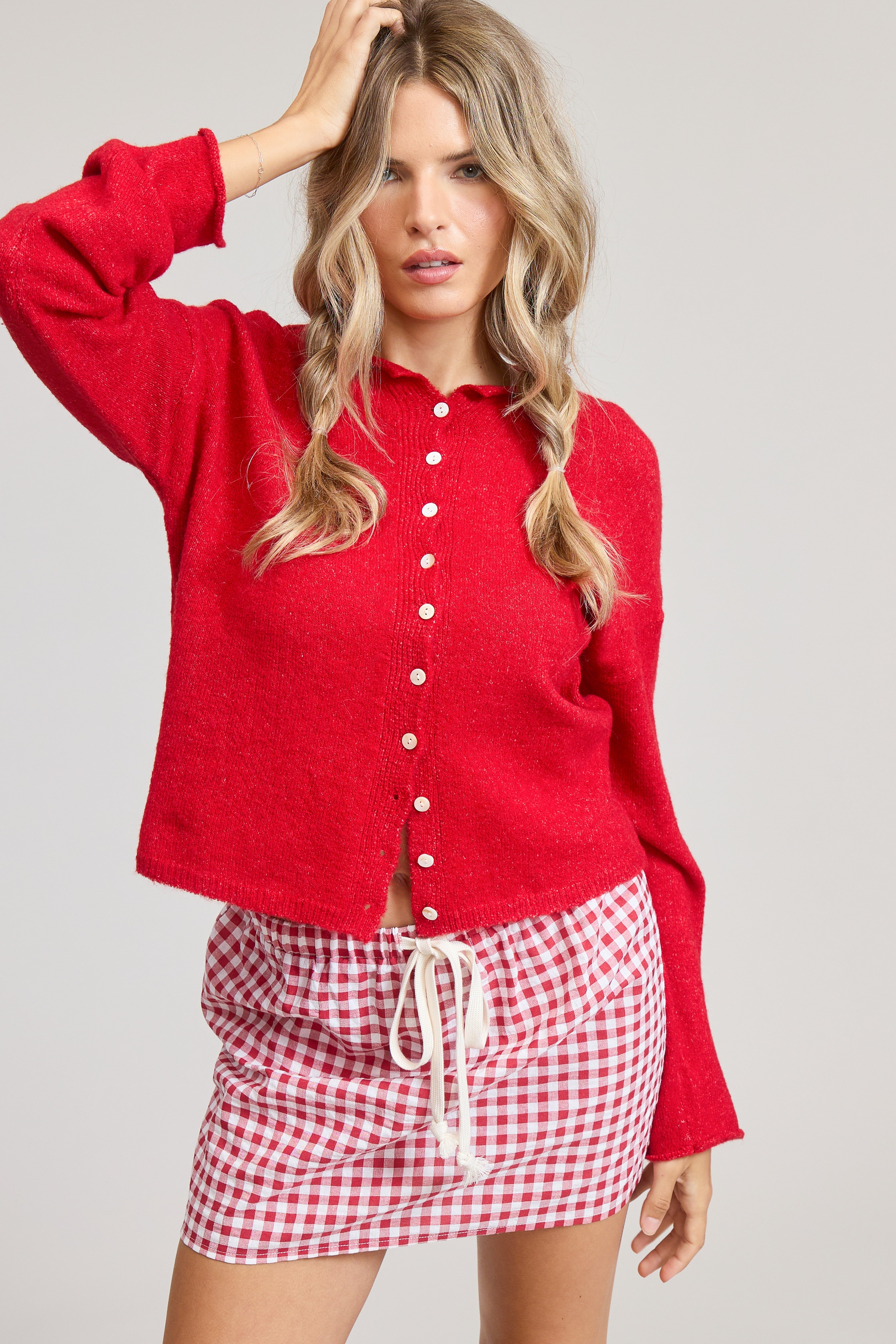 Red Lightweight Button Cardigan