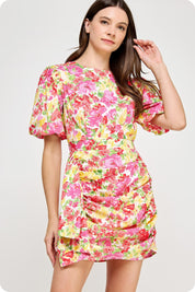 Red Ruched Floral Puff Sleeve Dress
