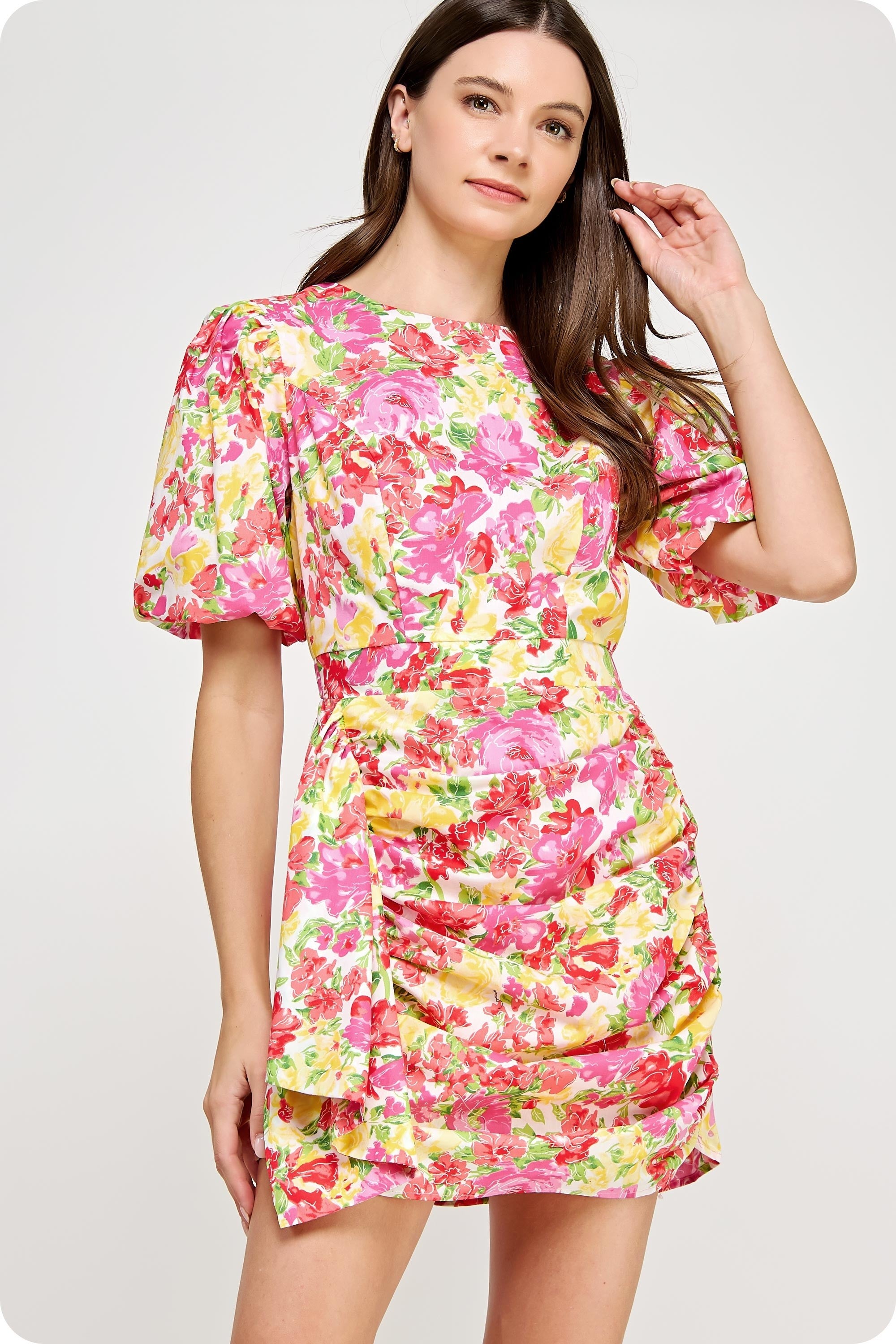 Red Ruched Floral Puff Sleeve Dress