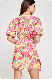 Red Ruched Floral Puff Sleeve Dress