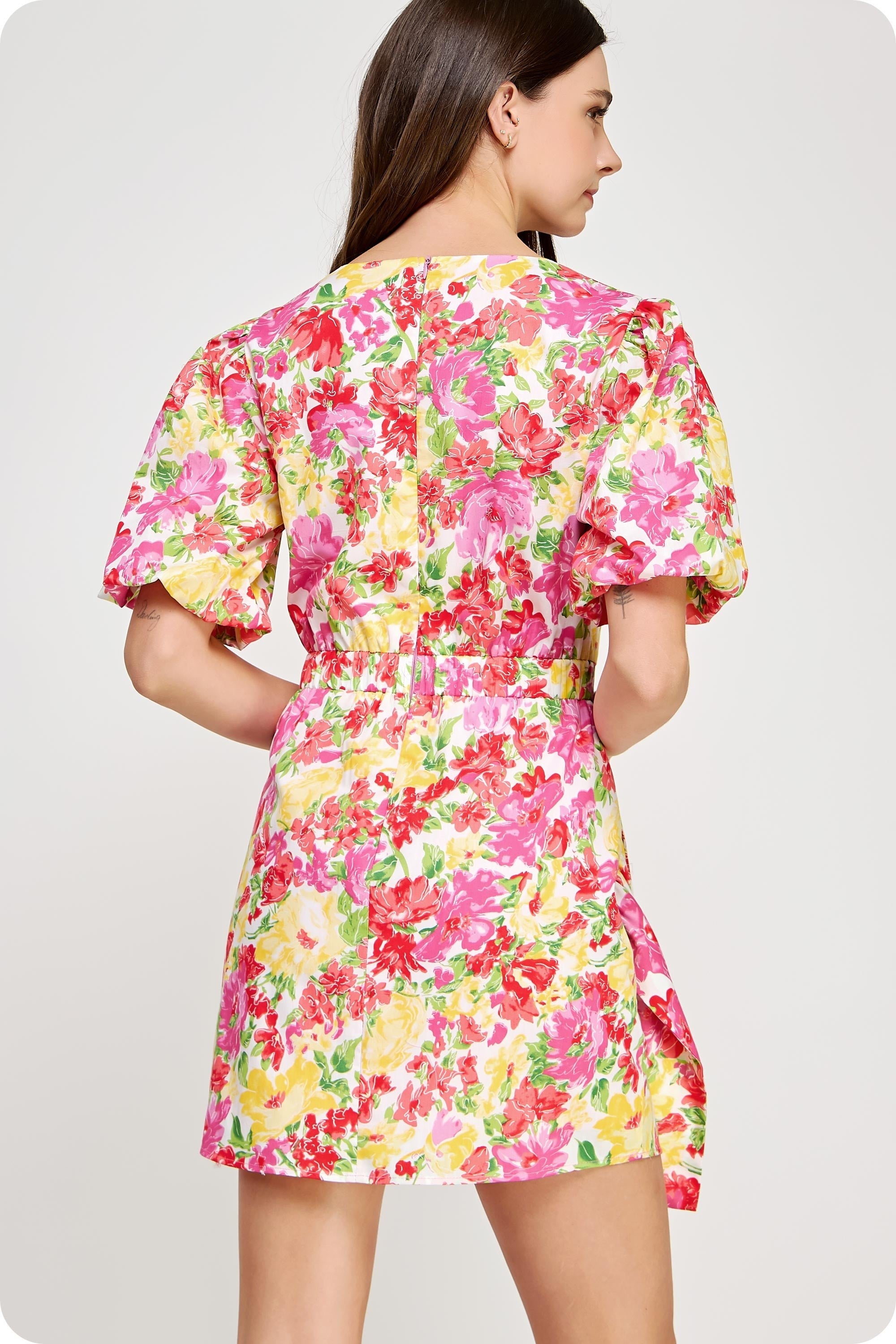Red Ruched Floral Puff Sleeve Dress