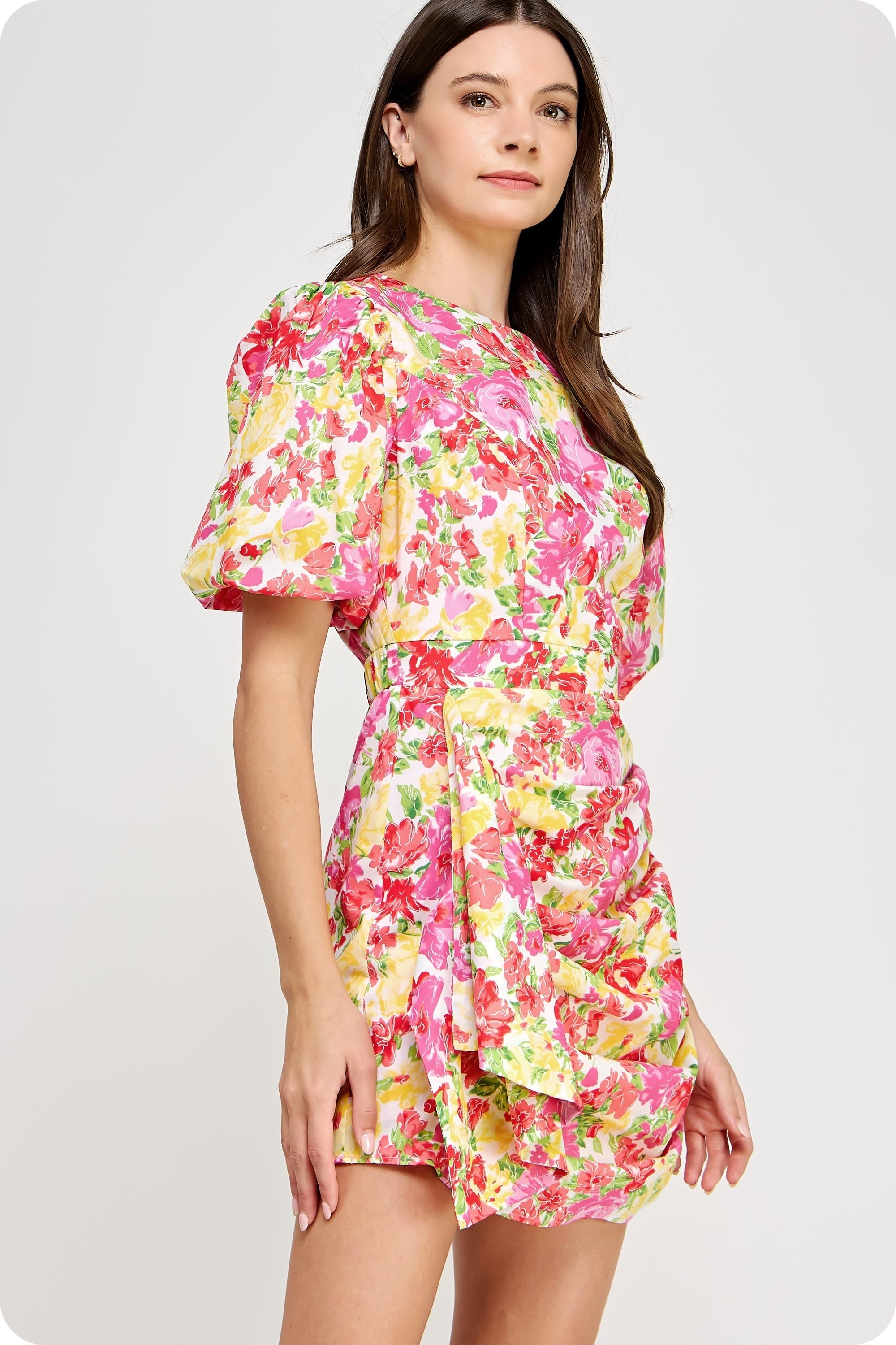 Red Ruched Floral Puff Sleeve Dress