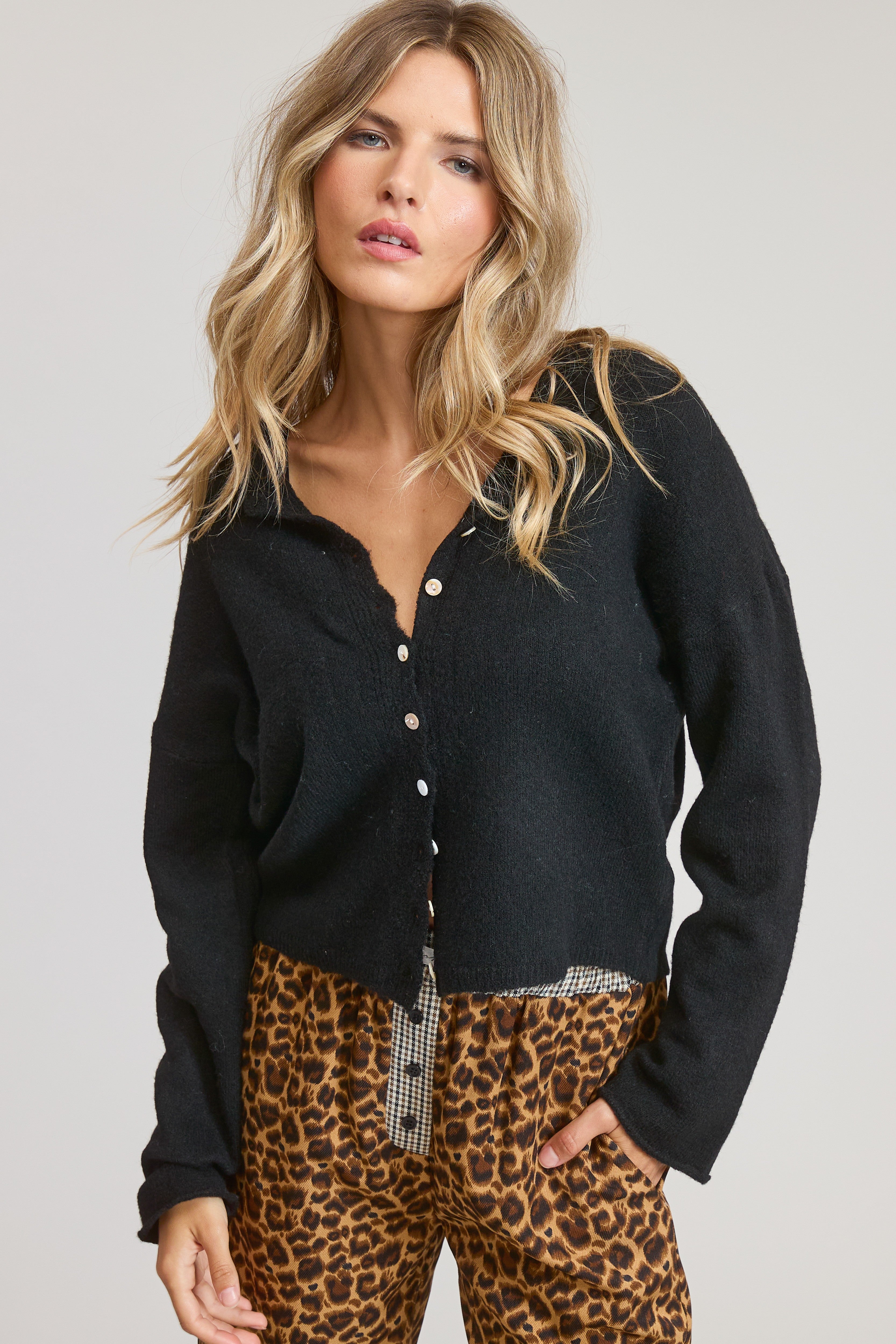 Black Lightweight Button Cardigan