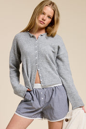 Light Grey Lightweight Button Cardigan — rolled collar and button-down front