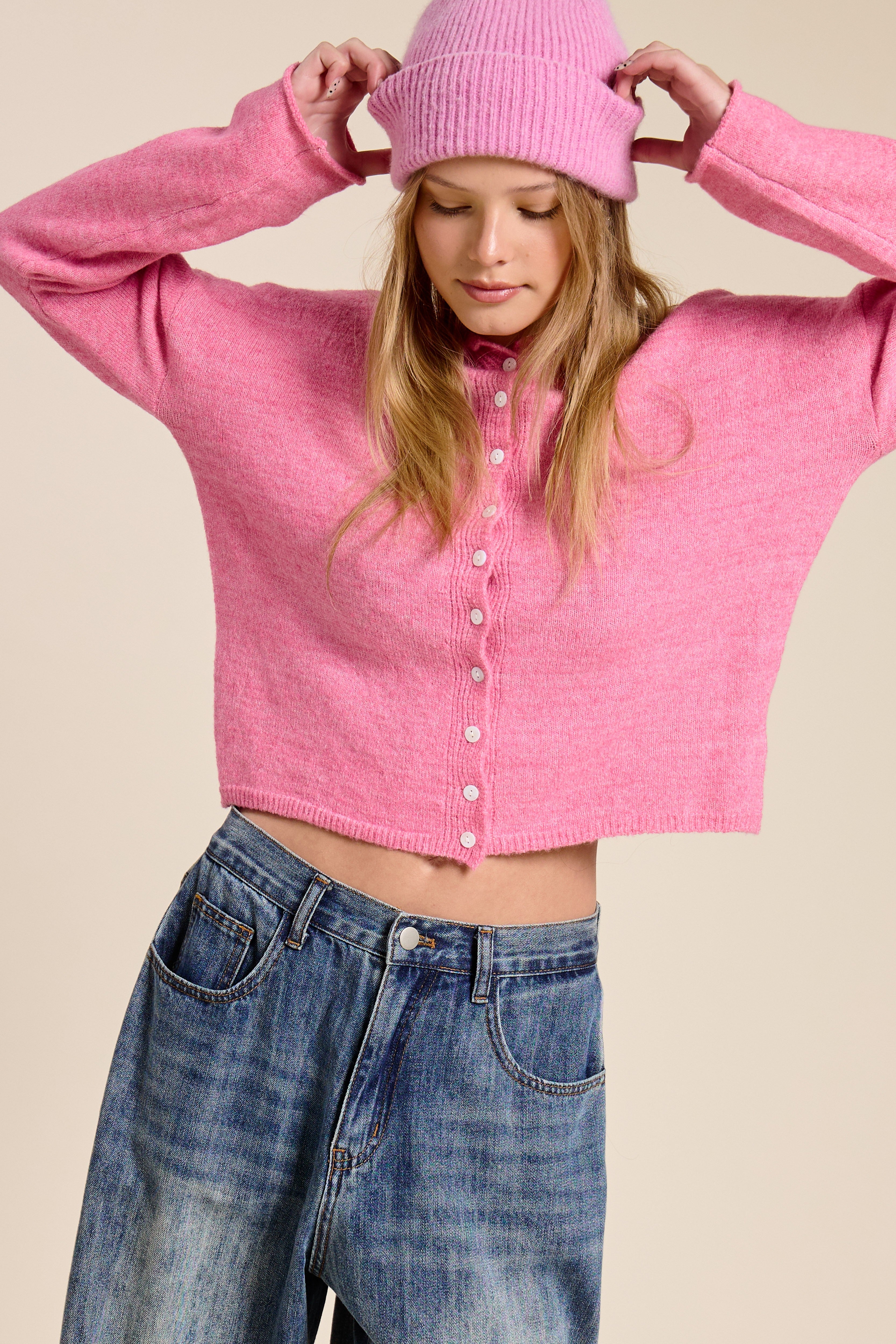 Hot Pink Lightweight Button Cardigan