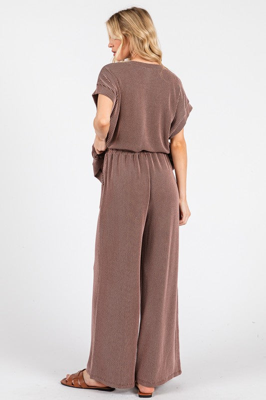 Brown Striped Rib Knit Lounge Set