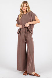 Brown Striped Rib Knit Lounge Set