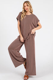 Brown Striped Rib Knit Lounge Set