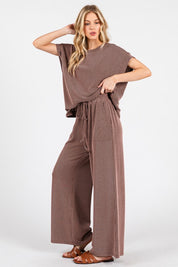 Brown Striped Rib Knit Lounge Set