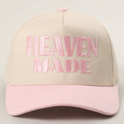 Light Pink Heaven Made Hat — HEAVEN MADE lettering design embroidery and 5-panel two-tone trucker hat