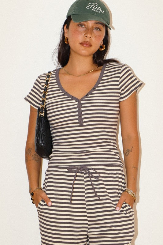 Charcoal Striped Snap Button Tee