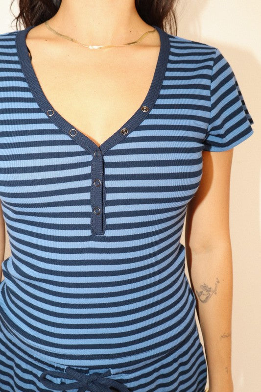 Blue Striped Snap Button Tee