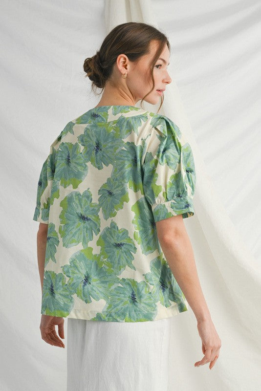Green Flower Print Puffed Sleeve Top