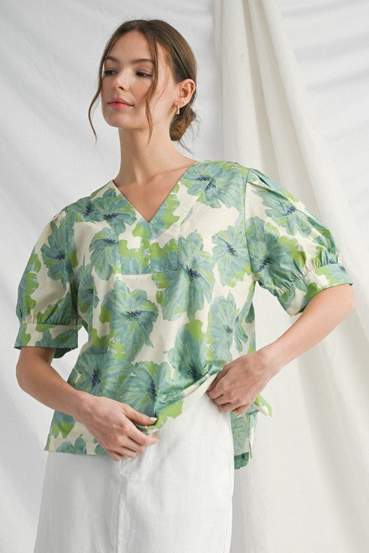Green Flower Print Puffed Sleeve Top