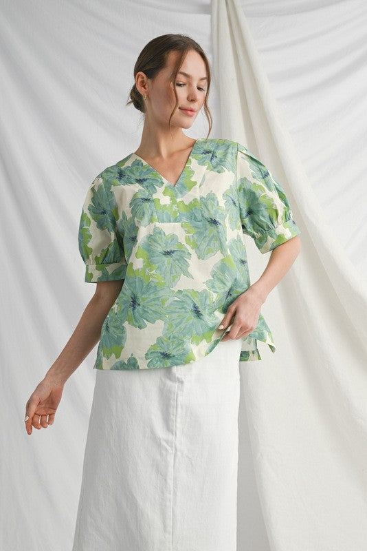 Green Flower Print Puffed Sleeve Top
