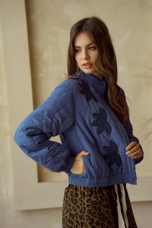 Blue Vintage Embroidered Leaf Jacket