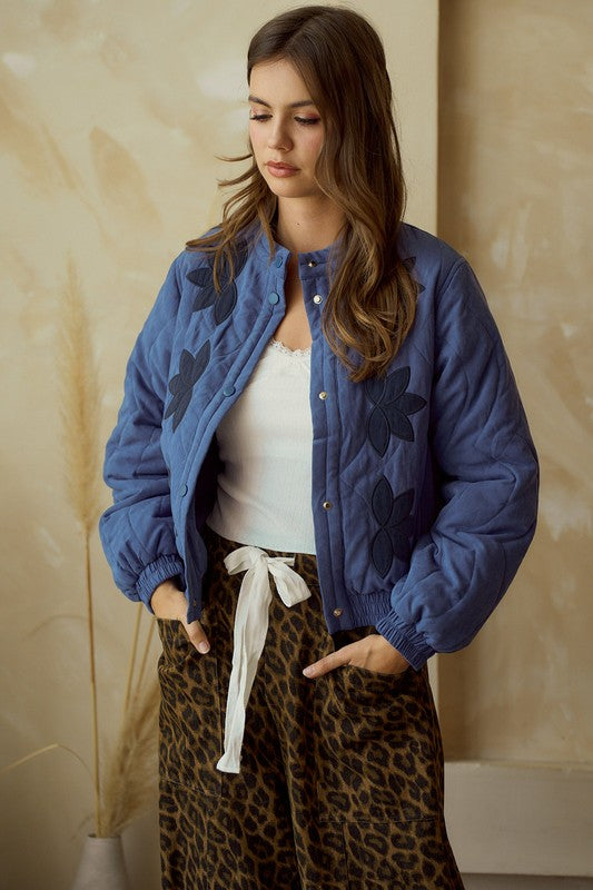 Blue Vintage Embroidered Leaf Jacket