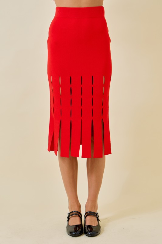 Red Sweater Midi Skirt With Fringe Hem